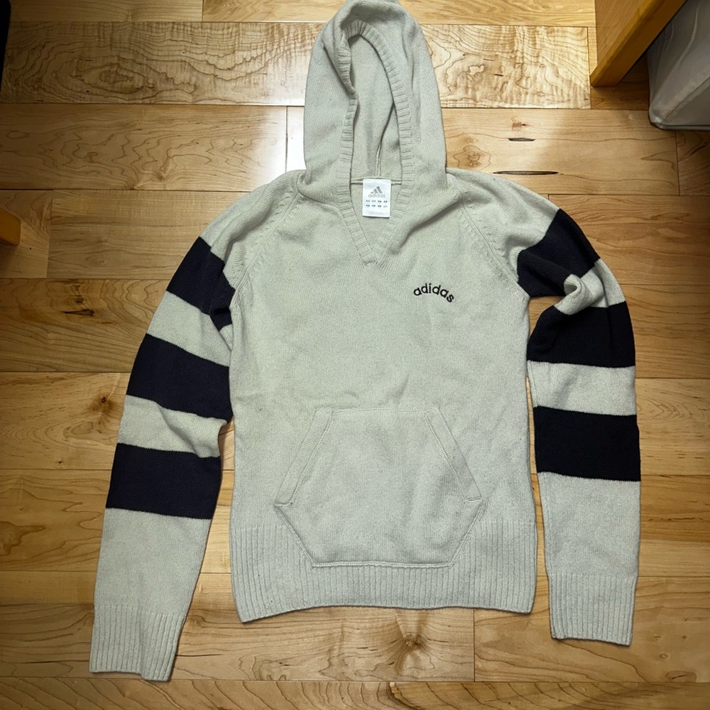Adidas Women's Cream and Black Striped Sweater